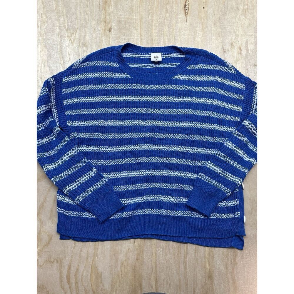 CAbi Womens Pullover Sweater M Blue Striped Oversized Knit‎ Buttons Slouchy 6165
